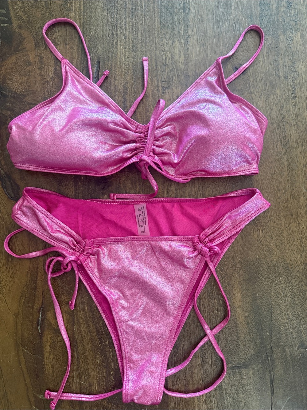SHEIN Pink Shimmer Ruched Tie Bikini Set